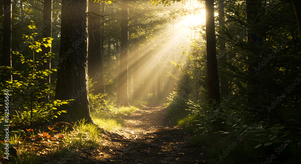 Obraz premium Sunlit Forest Path: Tranquil Woodland Scene with Radiant Sunlight Beams
