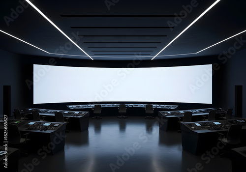 A control room with multiple workstations facing a large, curved, blank display screen under illuminated ceiling lights.