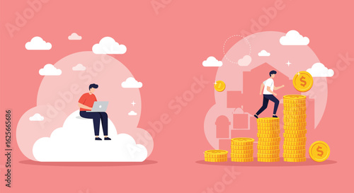 An illustration depicting a person working remotely on a cloud and another person climbing a stack of coins, symbolizing financial growth and career progression.