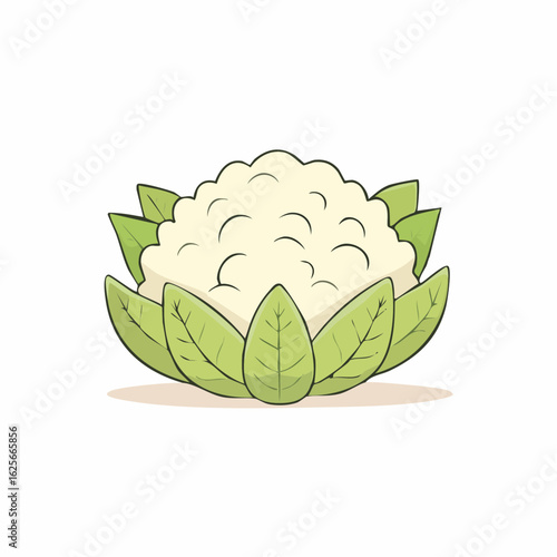 Delightful Cauliflower Illustration with Lush Green Leaves in Cartoon Style, isolated