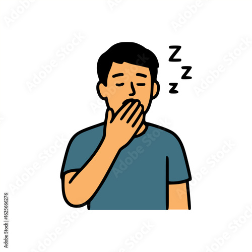 Exhausted male character feeling drowsy and sleepy, covering mouth while yawning with Z symbols for sleep