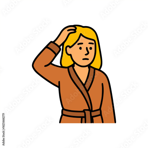 Female character feeling uncertain and anxious, hand on head gesture, wearing brown robe, doubt or stress concept