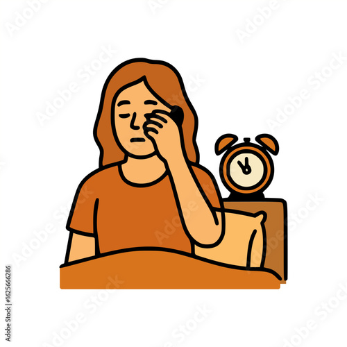Exhausted girl just woke up, sitting in bed next to alarm clock, sleepy expression, vector flat design