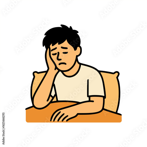 Young male character feeling exhausted or depressed in bed, sleep problem or emotional stress concept, flat style