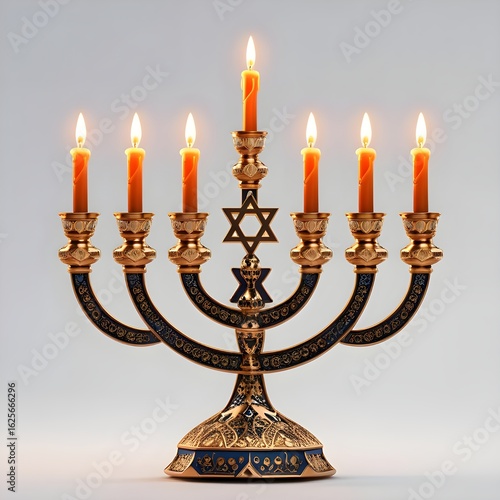 Jewish menorah candle holder with lit candles, symbolic Hanukkah item, isolated on transparent background, PNG clipart