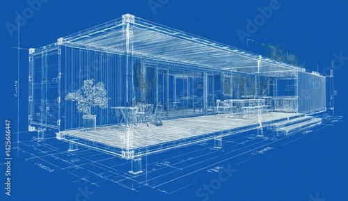 Blueprint sketch of a container home. Exterior and interior dimensions shown