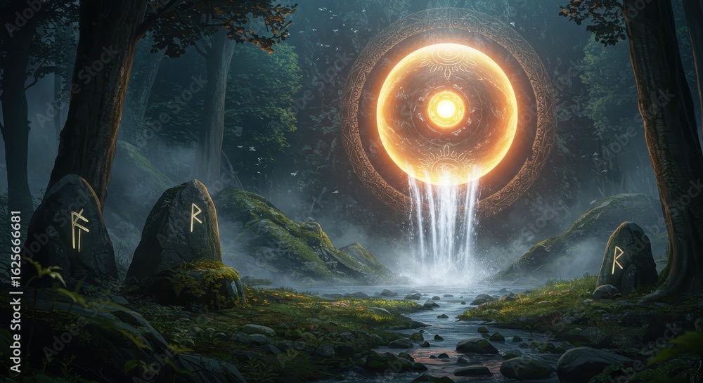 Obraz premium Mystical forest circle with waterfall