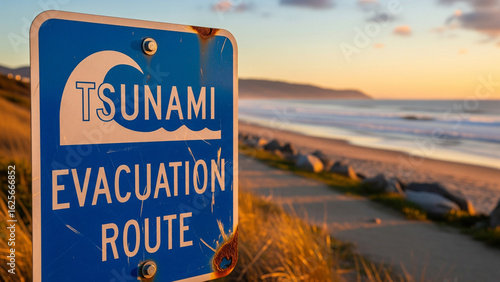 Coastal evacuation route sign, tsunami warning, tranquil beach at sunset.