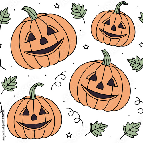 Seamless pattern of Halloween pumpkins with different carved faces — vector cartoon style for fabric and paper.

