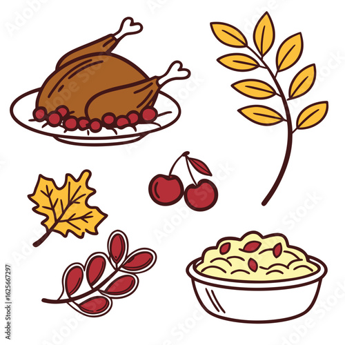 Thanksgiving dinner icons in flat vector style — turkey, mashed potatoes, cranberries, and autumn leaves.

