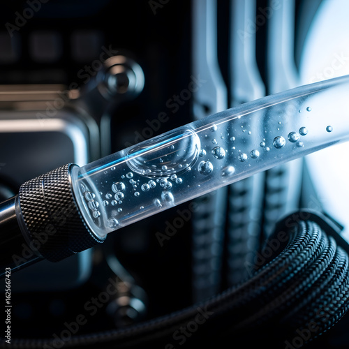 A transparent liquid cooling tube with air bubbles inside a custom-built computer.