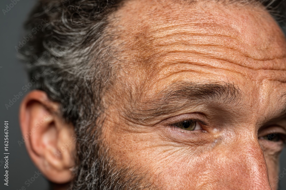 Obraz premium Close up on a man's face with wrinkles, gray hair, and a trimmed beard. Illustrates aging, skin care, health, and male grooming concepts well.