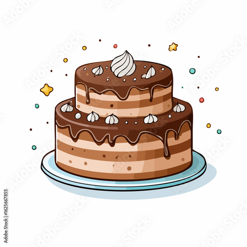 Whimsical chocolate cake with delightful toppings and charming star decorations around