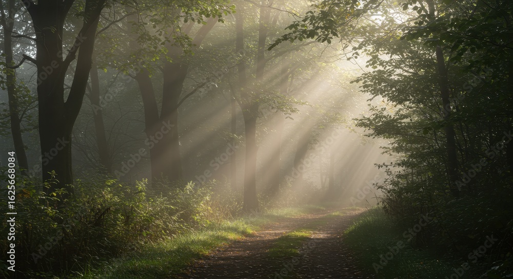 Obraz premium Misty forest path sunlight