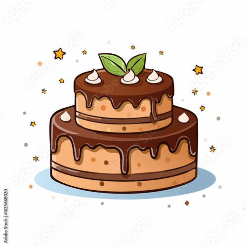 Delightful chocolate cake illustration with creamy topping and whimsical star accents