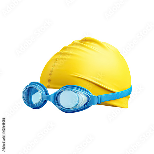 Bright Yellow Swim Cap and Blue Goggles Isolated on a White Background for Water Sports and Swimming Activities