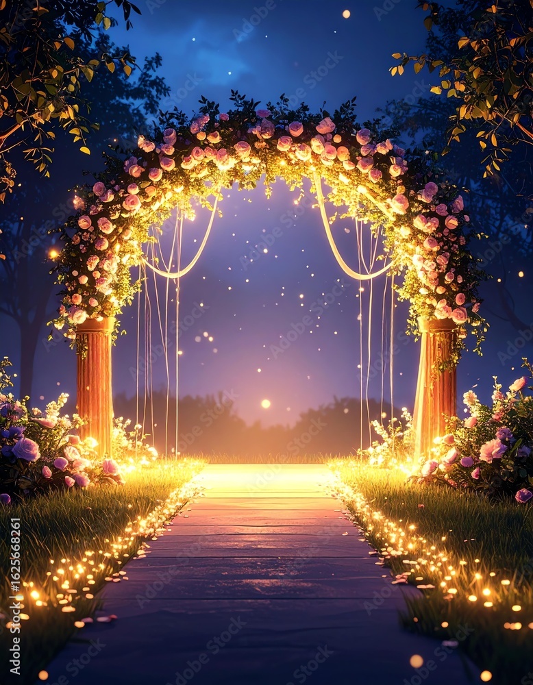 Obraz premium A beautiful floral archway illuminated by soft lights, creating a magical atmosphere for events or celebrations.