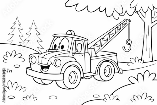 Vector Cartoon funny Tow Truck, funny image in the forest, Coloring book page for children. Line Art isolated on white background
