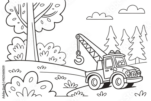 Vector Cartoon funny Tow Truck, funny image in the forest, Coloring book page for children. Line Art isolated on white background