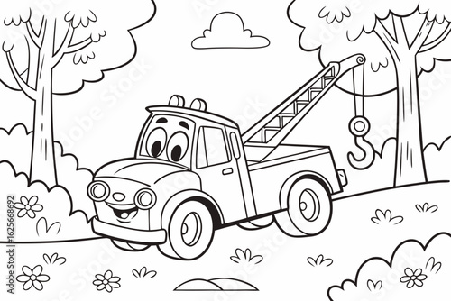 Vector Cartoon funny Tow Truck, funny image in the forest, Coloring book page for children. Line Art isolated on white background