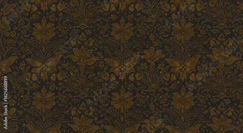 Elegant vintage pattern with golden moths and ornate flowers on a dark background. A seamless decorative floral concept.