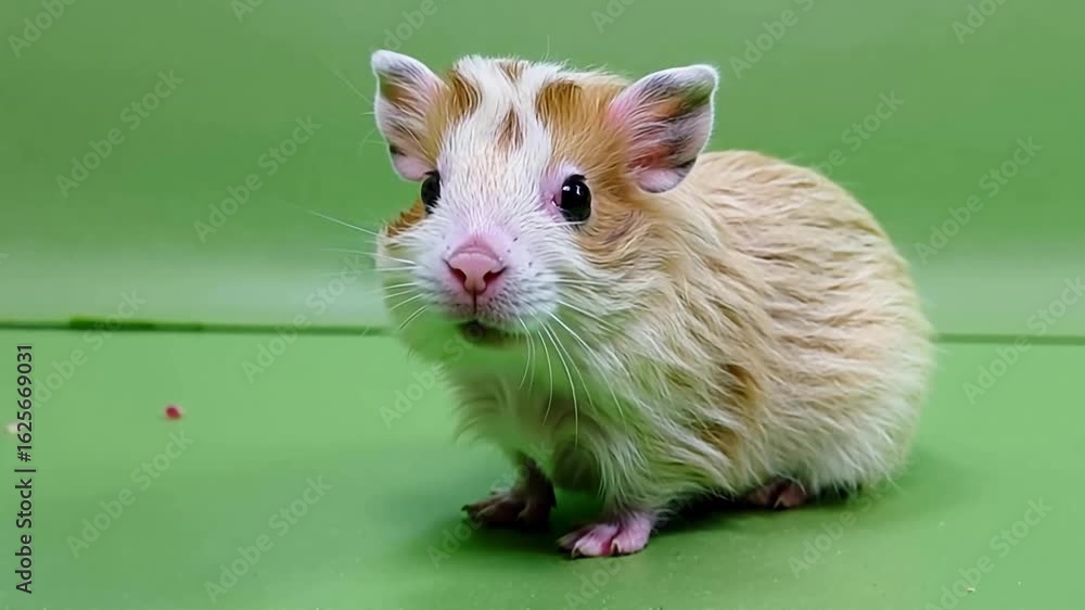 Close-up of a fluffy guinea pig with a curious expression, set against a vibrant green background Close-up of a fluffy guinea pig with a curious expression, set against a vibrant green background