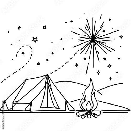 Camping tent with campfire under starry night sky and fireworks, vacation is a holiday 