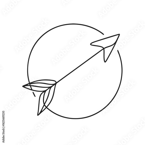 Line art of arrow integrating leaves within circular design  