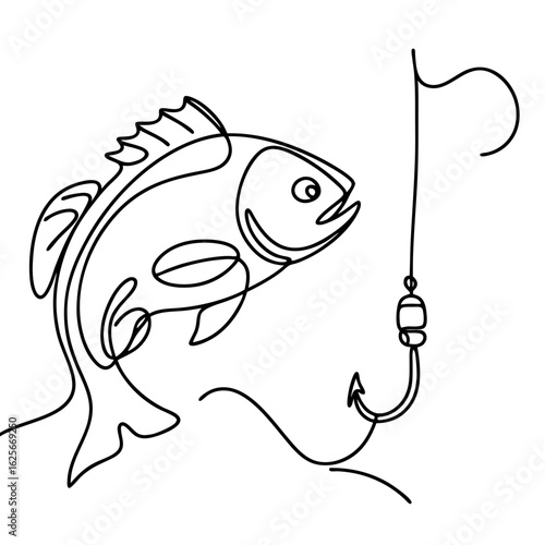 Line drawing of fish jumping towards fishing hook with flag  