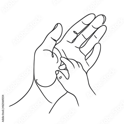 Parent hand holding small child's hand in simple line art  
