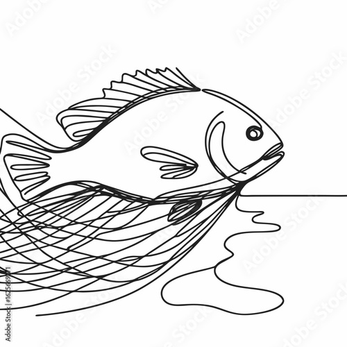 Line art of fish swimming with water waves and fishing net  