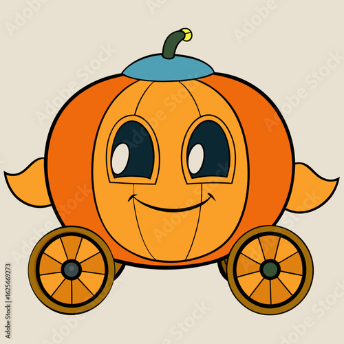 Smiling pumpkin carriage with wheels and blue hat design  