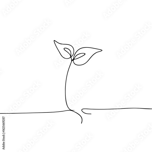 Minimalistic line drawing of a single sprouting plant on white background  