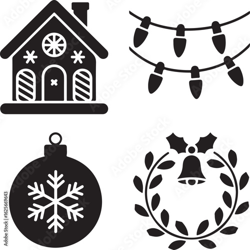 Vector Christmas Icons: Gingerbread House Sign, Lights, Ornament Symbol, Holiday Wreath