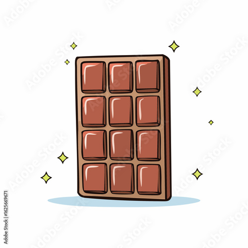 Delicious Chocolate Bar Cartoon Illustration with Sparkling Star Accents and Fun Design