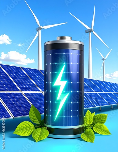 A modern battery with a lightning symbol against a background of solar panels and wind turbines, symbolizing renewable energy.