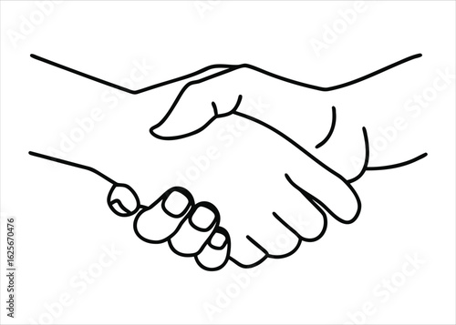 Simple line art depicting two hands firmly shaking in a gesture of agreement and partnership