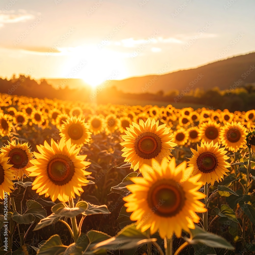 Fototapeta premium A vibrant field of sunflowers bathed in the warm, golden light of sunset. An idyllic summer landscape, perfect for nature, agriculture, or peaceful concepts.