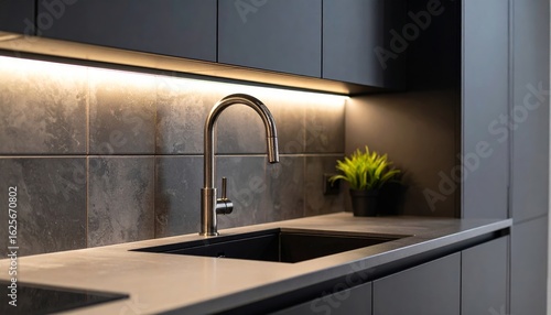 Sleek contemporary kitchen design with sink and ambient under-cabinet lighting
