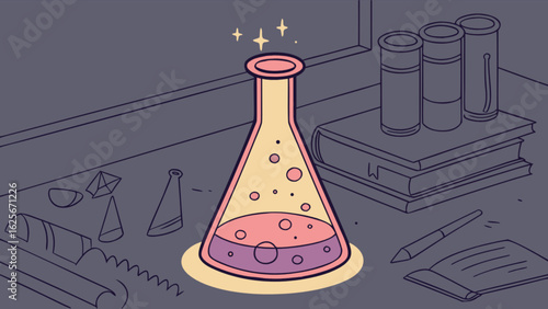 Science lab experiment with potion flask and books vector illustration for education and learning content