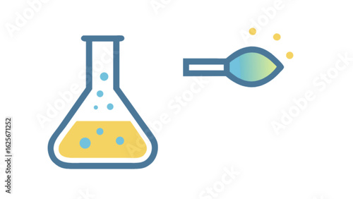 Science lab experiment with flask and microscope for scientific research and chemical analysis study use