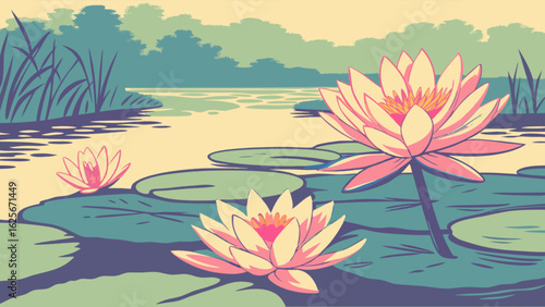 Beautiful water lily pond illustration with pink lotus flowers and green lily pads nature scene serene art