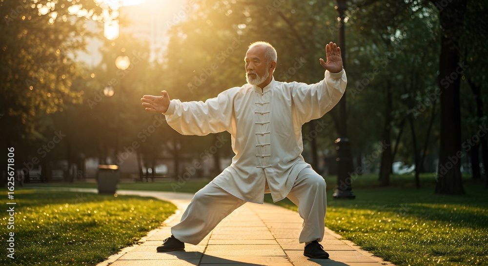 Obraz premium Elderly man in white clothing practicing Tai Chi in a park on a sunny day, focused on balance and movement.