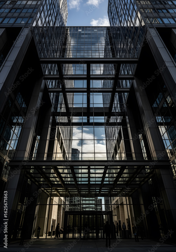 Obraz premium Looking up at the imposing entrance of a modern glass and steel skyscraper with sky reflections.