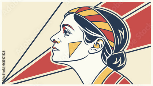 Vintage woman portrait art deco style illustration female head profile with geometric shapes and colors design