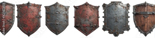 Multiple rusty, spiked shields