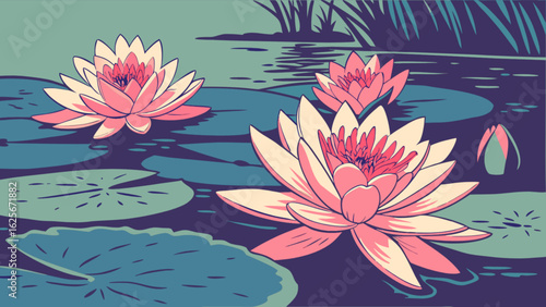 Beautiful pink water lily flowers pond illustration vector graphic design for nature lovers and artists