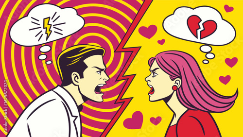 Illustration of couple arguing relationship problems conflict resolution therapy and communication issues divorce counseling