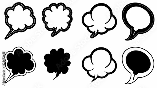 Illustration of eight speech bubbles in varying styles and orientations on a white background surface silhouette