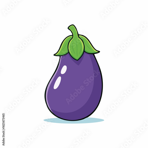 Cartoon Eggplant Illustration with a Fresh Green Stem and Shiny Purple Skin isolated